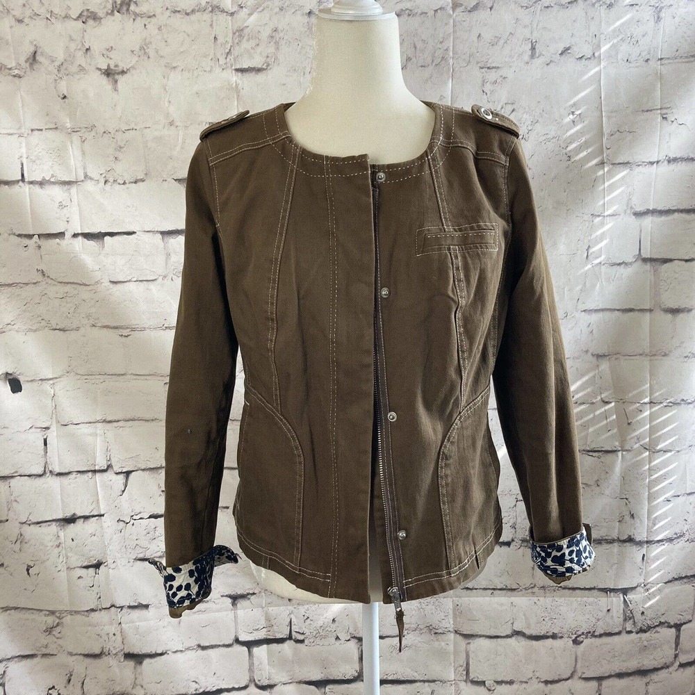 Boden Khaki Brown Denim Jacket Women Size Medium 6 Collarless Zip Snap Closure